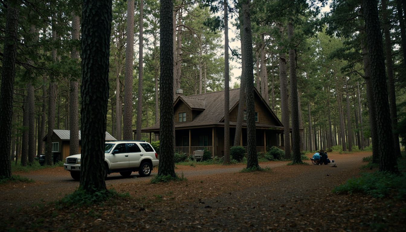 cinematic, A rustic cabin is nestled among tall trees in a peaceful forest. A white SUV is parked nearby, and the late afternoon light filters through the trees, casting a serene and tranquil atmosphere, film grain, Short telephoto focal length, shot on ALEXA 65