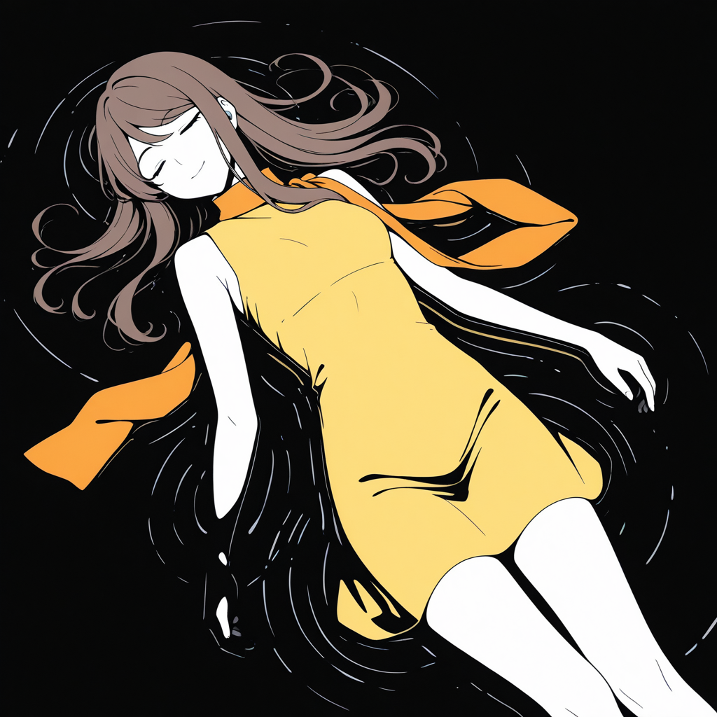 masterpiece, best quality, amazing quality, 1girl, monochrome, greyscale, lineart, solo, re1kam1shima, brown hair, sleeping, dutch angle, yellow dress, long hair, long sidelocks,  sleeveless dress, turtleneck dress, orange scarf, long scarf, lying on water, reflective water, ripples, smile, high contrast, marker \(medium\), symbolism, 