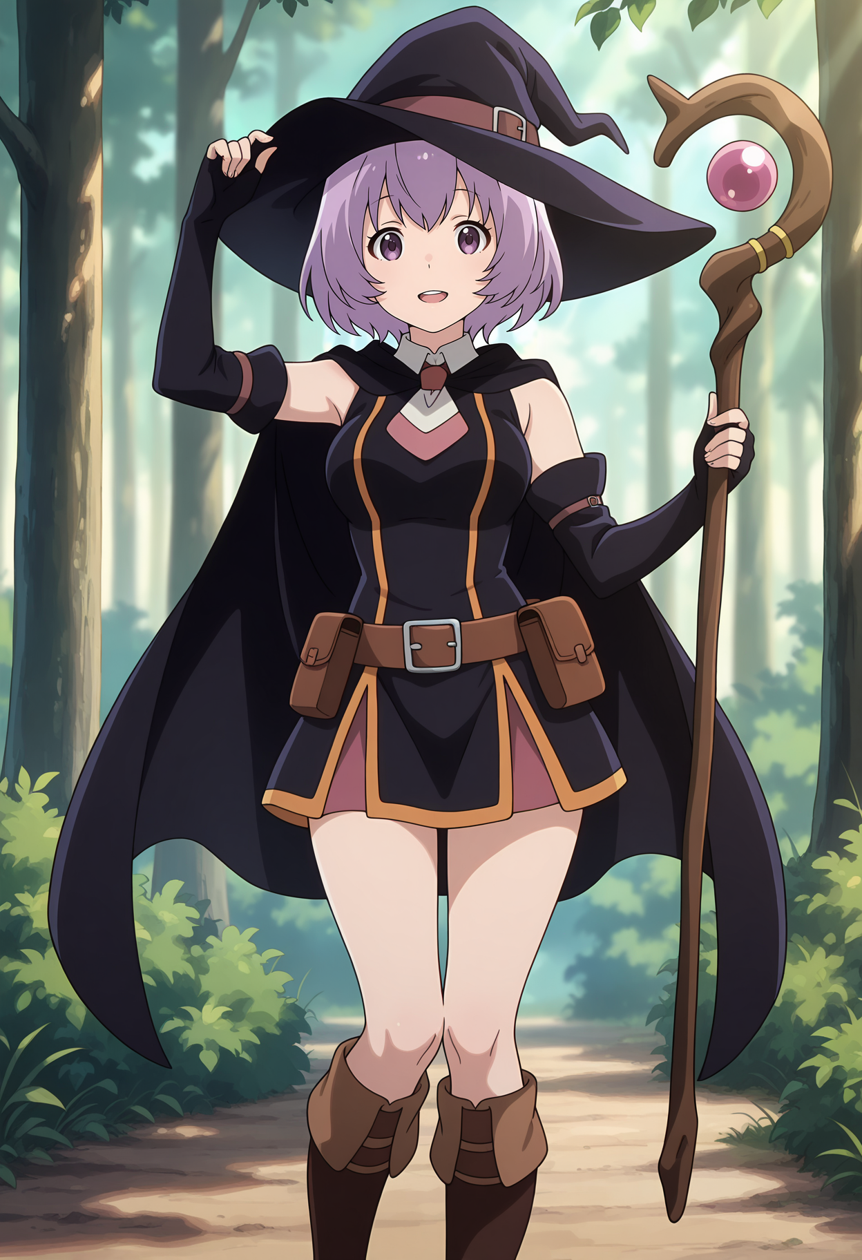 anime screencap, masterpiece, best quality,
<lora:HaiToGensouNoGrimgar_Shihoru_IlluXL:0.9>,
1girl, solo, open mouth, light smile, upper teeth only,
short hair, purple hair, purple eyes,
adjusting headwear,
witch hat, black cape, short necktie, short dress, sleeveless, black dress, detached sleeves, fingerless gloves, brown belt, belt pouch, knee boots,
holding staff,
standing, looking at viewer, 
forest, nature, foliage, blurry background, day