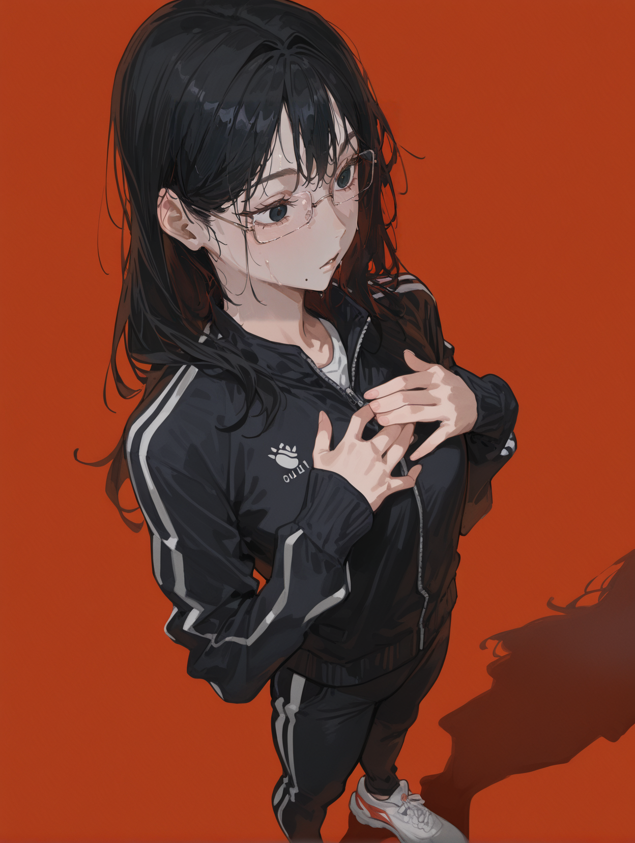 masterpiece,best quality,amazing quality,very aesthetic,absurdres,newest,
front view,full_shot,Shock,
ShimizukiyokoCYQL,1girl,solo,long hair,black hair,black eyes,glasses,semi-rimless eyewear,mole,mole under mouth,black jacket,track jacket,track suit,black pants,shoes,
full body,standing,hands_on_own_chest,,
orangered background,simple background,
<lora:HG2512 by CYQL:0.9>,HG2512,<lora:spo_sdxl_10ep_4k-data_lora_webui:0.7>,<lora:96YOTTEA-WAI:0.5>,<lora:EtherSDXL:0.5>,EtherStyle,<lora:ShimizukiyokoCYQL:1>,