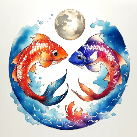 ArsMJStyle, Pisces, The image shows a painting of two koi fish swimming in front of a full moon surrounded by a white background. The painting is a representation of the zodiac sign of the fish with its vibrant colors and intricate details., no humans, round image, fish, painting (medium), traditional media, circle, watercolor (medium), moon, animal focus, acrylic paint (medium) core_9, score_8_up, score_7_up, score_6_up, <lora:ArsMJStylePony:1>
