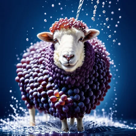 sheep hair made of grapes, splash water, flashing particles, depth of field, clean background, made from grapes