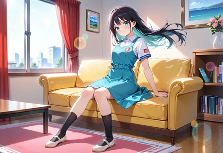 masterpiece, best quality,amazing quality,(1girl), solo,(depth of field),(solo focus),8K,HDR,(ultra high res),(highres),(full body),(lens flare),smile,blush,(black hair),(long hair),(aqua eyes),(floating hair), sidelocks,(malaysian secondary school uniform),(pinafore dress),(aqua blue skirt),(blue pinafore),(collared shirt),(white shirt),(short sleeves),(black socks),(short socks),(white footwear),(ballet flat),(indoors),(curtain),(room),(carpet),(couch),(vase),(window),(shelf),(table),(sitting on couch),(looking at viewer),