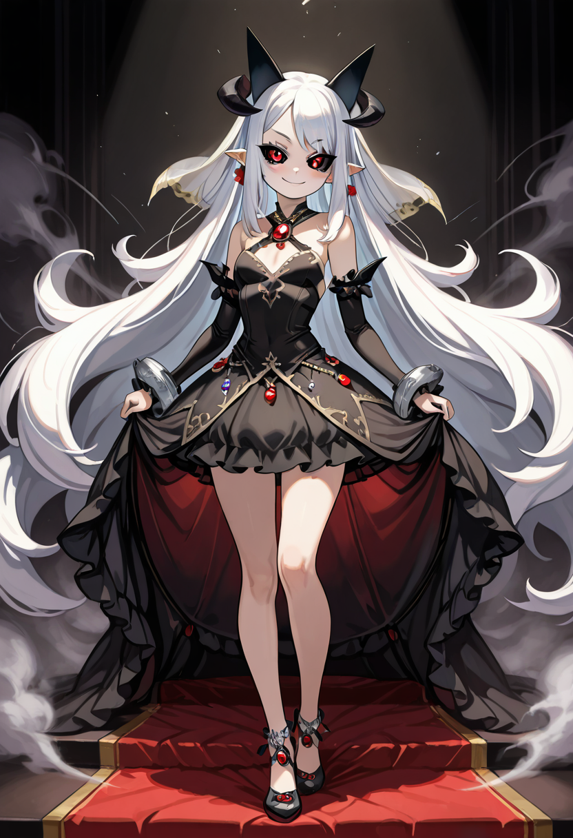masterpiece, best quality, 1girl, solo, eyelashes, (beautiful eyes), smile, looking at viewer,  ,<lora:PramPhantomKingdom_IXL_v1:0.8>,  [Dark Fantasy Runway], zzPram, 1girl, solo, long white hair, horns, pointy ears, red eyes, black sclera, gothic, 1girl, solo, high-fashion, black lace gown, silver jewelry, dramatic makeup, eerie atmosphere, dimly lit runway, smoke effects, spotlight. zzPram steps gracefully onto the dark, foggy runway, her long white hair trailing behind her like a silken veil. The black lace gown hugs her figure, its intricate details shimmering under the spotlight. Her red eyes glow ominously, framed by the contrast of black sclera, and her horns rise gracefully from her head. Silver jewelry gleams at her neck and wrists, completing the otherworldly aura as smoke swirls around her feet.