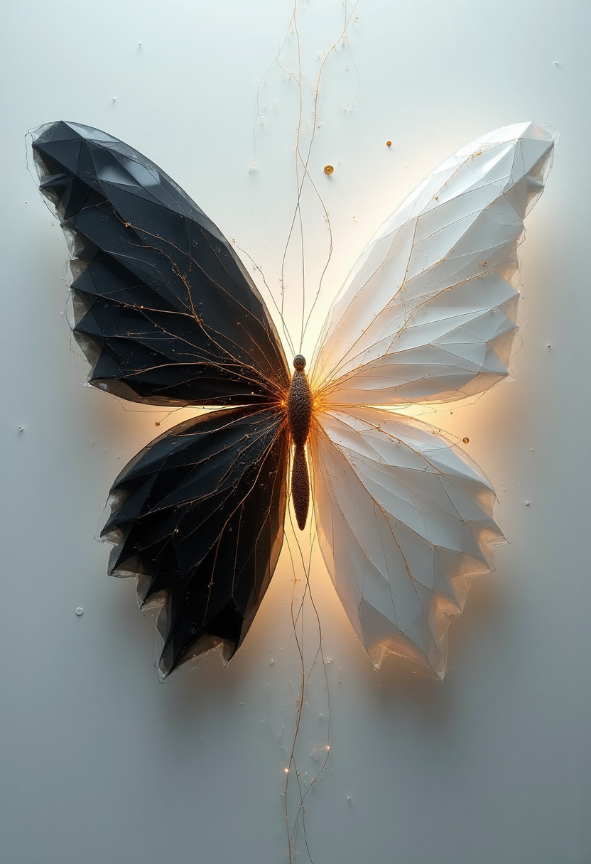  big geomtrical butterfly object,  An abstract composition of translucent forms and geometric precision, where shards of piano black and luminous white porcelain intersect and overlap. The fragments, stripped of figurative representation, are pure geometric shapes - triangles, squares, circles - their sharp edges and smooth curves juxtaposed. The piano black fragments, translucent, allow light to partially penetrate, creating ethereal depth and mystery. The white porcelain fragments, polished to a luminous sheen, radiate an inner light, their edges blurring softly. Intricate veins of gold, like threads of light, weave through both materials, connecting the disparate shapes and creating unity and cohesion. These golden lines pulse with subtle energy, hinting at unseen forces. The background is an ethereal blend of soft grays and muted whites, allowing the fragments to float and interact weightlessly. Delicate wisps of white, representing energy flow, dance around, adding dynamic movement and ethereal beauty. The overall impression is one of ethereal beauty and haunting fragility, a testament to geometric abstraction and the delicate balance between presence and absence. The composition is a captivating exploration of form, light, and texture, where materiality is both emphasized and transcended. Rendered in a highly detailed, artistic style, the focus is on smooth, luminous textures and the delicate interplay of light and shadow. The abstract elements and fragmented composition create ethereal beauty and intellectual intrigue, inviting contemplation of geometry and the ephemeral nature of form.