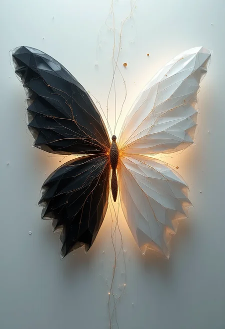  big geomtrical butterfly object,  An abstract composition of translucent forms and geometric precision, where shards of piano black and luminous white porcelain intersect and overlap. The fragments, stripped of figurative representation, are pure geometric shapes - triangles, squares, circles - their sharp edges and smooth curves juxtaposed. The piano black fragments, translucent, allow light to partially penetrate, creating ethereal depth and mystery. The white porcelain fragments, polished to a luminous sheen, radiate an inner light, their edges blurring softly. Intricate veins of gold, like threads of light, weave through both materials, connecting the disparate shapes and creating unity and cohesion. These golden lines pulse with subtle energy, hinting at unseen forces. The background is an ethereal blend of soft grays and muted whites, allowing the fragments to float and interact weightlessly. Delicate wisps of white, representing energy flow, dance around, adding dynamic movement and ethereal beauty. The overall impression is one of ethereal beauty and haunting fragility, a testament to geometric abstraction and the delicate balance between presence and absence. The composition is a captivating exploration of form, light, and texture, where materiality is both emphasized and transcended. Rendered in a highly detailed, artistic style, the focus is on smooth, luminous textures and the delicate interplay of light and shadow. The abstract elements and fragmented composition create ethereal beauty and intellectual intrigue, inviting contemplation of geometry and the ephemeral nature of form.