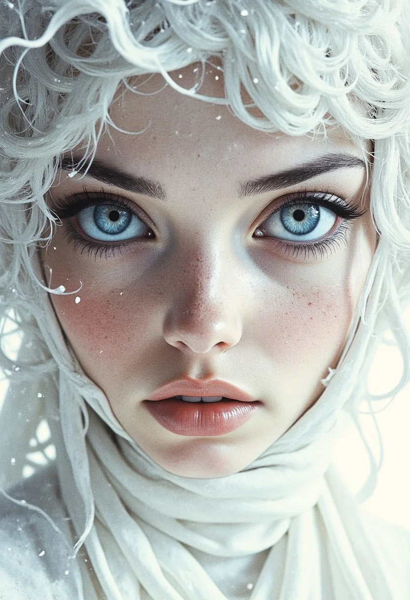 A closeup, surreal, ethereal portrait of a woman with a hauntingly beautiful, almost angelic presence. Her pale complexion is luminescent, blending seamlessly into the pure white background, creating an impression that she is emerging from light itself. Her very large piercing blue eyes are the focal point, their crystalline clarity and soft glow conveying a sense of otherworldly wisdom and calm. Her long lashes are bold and dramatic, contrasting starkly against her porcelain skin, drawing the viewer's gaze deeper into her haunting stare. Her features are delicately sculpted, with high cheekbones, a perfectly straight nose, and soft, full lips that hold a subtle, neutral expression, suggesting serenity and quiet strength. Her platinum-white hair flows and floats softly upwards, emphasizing her celestial appearance. The fine strands are light and wispy, blending seamlessly into the white backdrop with white ashes falling around her, adding to the ethereal atmosphere. The lighting is diffused and even, erasing shadows and creating a minimalistic aesthetic that places full focus on her striking features. The overall composition feels timeless, as if capturing the essence of purity and perfection, with a soft, dreamlike quality that invites introspection and awe. The simplicity of the image enhances its mystique, creating a profound, angelic presence that feels both familiar and otherworldly.