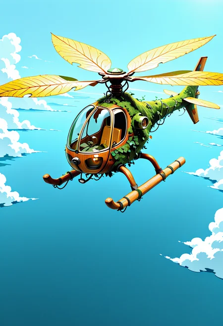 masterpiece, best quality, no humans, ,<lora:BioCopter_IXL:0.8>, BioCopter, camouflaged leaves, woody exterior, floating propellers, tendrils for control, tropical island, high-angle view, clear sky, powerful yet graceful motion, tranquil atmosphere â Above a tropical island, the BioCopter floats like a natural wonder, its camouflaged leaves blending seamlessly with the surrounding treetops. The woody exterior of the craft is sturdy, yet alive, as tendrils snake from the base to control its movement. Floating propellers made of intertwined vines spin slowly, propelling it through the clear blue sky. The high-angle view showcases the BioCopterâs elegant yet powerful motion, its presence tranquil and harmonious against the backdrop of a perfect day, as though it is a guardian of the island.