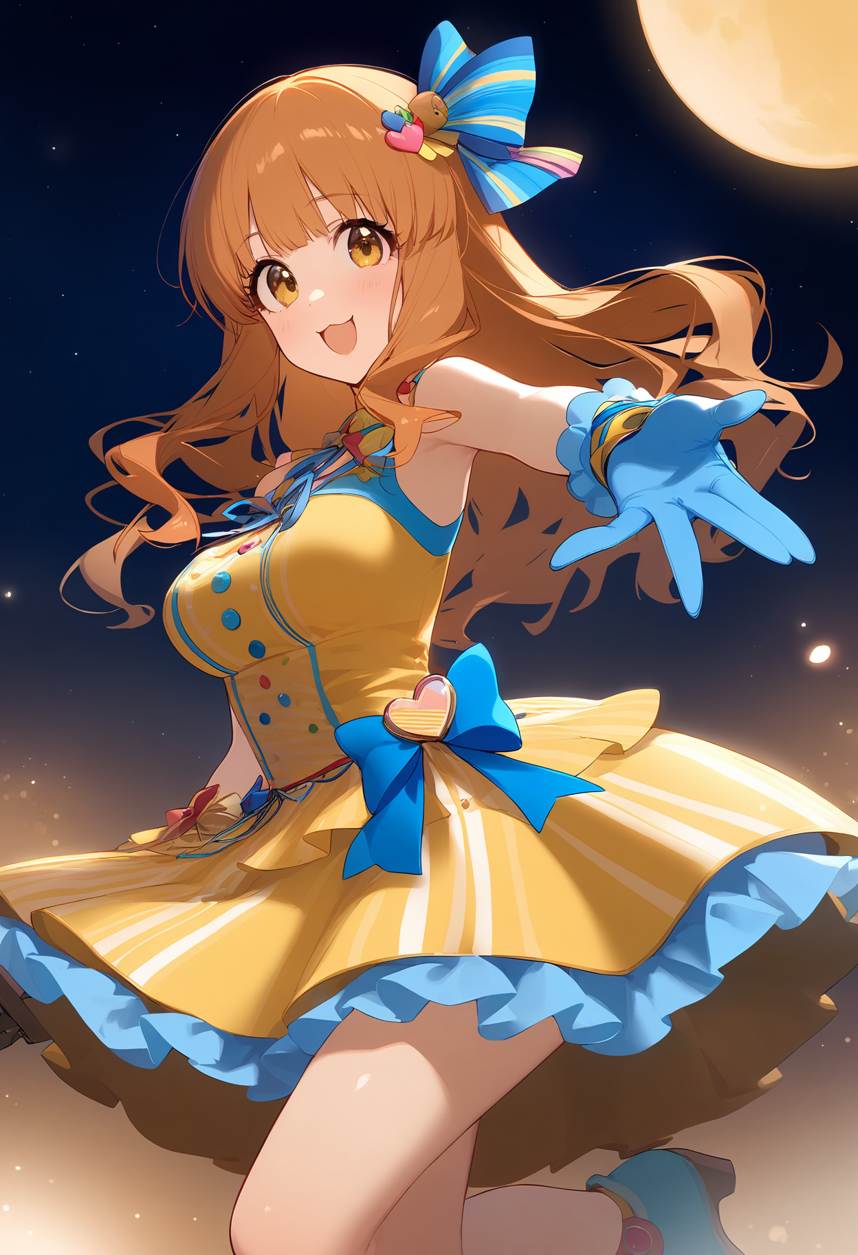 1girl,
moroboshi kirari,


smile, full moon, star \(sky\), sky, outstretched hand, gloves, heart, multicolored dress, blue gloves, looking at viewer, ribbon, standing on one leg, bare shoulders, blush, reaching, sleeveless dress, moon, solo, :3, sleeveless, yellow dress, yellow ribbon, dress, open mouth, orange hair, standing, multicolored clothes, blue ribbon, long hair, starry sky, hair ribbon, night, reaching towards viewer, hair ornament, yellow eyes,

sfw
<lora:a31_char_new_moroboshi_kirari:1> <lora:a31_style_koni-000010:0.8>