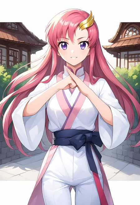 (fist-palm salute:1.5), score_9, score_8_up, score_7_up, source_anime, ultra detailed,
Generate a picture of a girl making fist-palm salute in a big garden in front of a big traditional Chinese building, (fist and palm folded in front), (hands together), front view, she is wearing a yin_yang_print robe, white pants, barefoot, looking at viewer seriously with light smile,
A teenager girl has pink long hair, wearing wave hair ornament, yellowish sikn, medium breasts, slender and glamor body with narrow waist, round face with purple eyes, lacus clyne \(Gundam seed\),
, <lora:fist-palm_salute_Pony:0.8>,<lora:lacus-clyne-ponyxl-lora-nochekaiser:1>