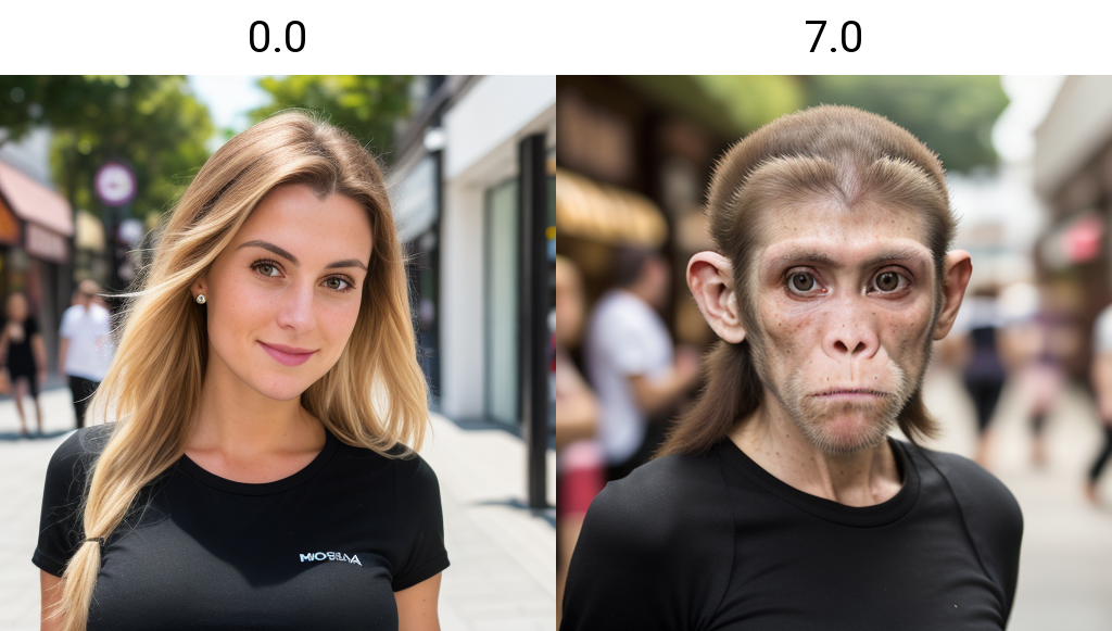 headshot of a white woman, black shirt, arms looking at viewer , high res, 8k, 4k, detailed, intricate, in a street, in front of shops, day, dof <lora:monkey_slider_v10:0.0>