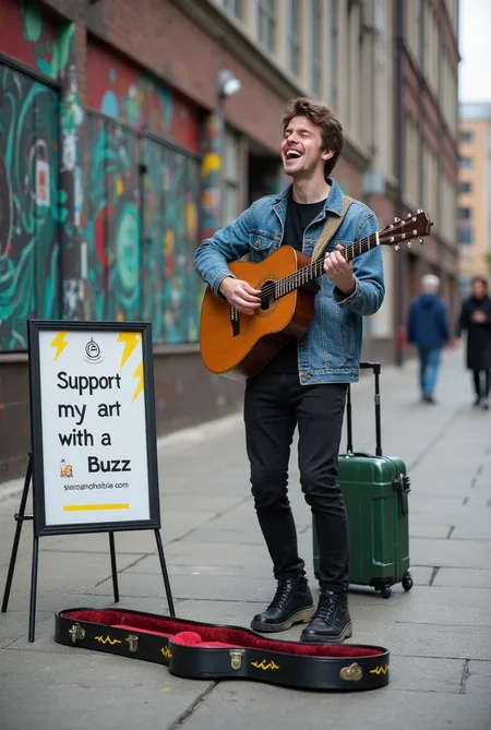 The image is a color photograph featuring a young man standing on a city sidewalk. He has light skin, short brown hair, and is wearing a blue denim jacket over a black shirt, black pants, and black shoes. He is holding an acoustic guitar, strumming it while singing with his eyes closed, giving an expression of joy and engagement. 

The guitar case is decorated with yellow lightning patterns and is open, lies on the ground in front of him.

To the left of the man, there is a black-framed sign on an easel. The sign is white with black text that reads, "Support my art with a Buzz donation!" The sign has a yellow border with a yellow lightning bolt symbol in the upper left corner. 

The background is an urban setting with a modern, industrial feel. The sidewalk is made of large, grey tiles. The building behind the man is painted in a vibrant, abstract design with colorful swirls and splashes of red, blue, green, and yellow. To the right of the man, there is a green suitcase with a black handle, and a few other people walking in the distance. The overcast sky and the concrete structure of the building contribute to the overall urban atmosphere. The photograph captures a moment of artistic performance and solicitation for support.