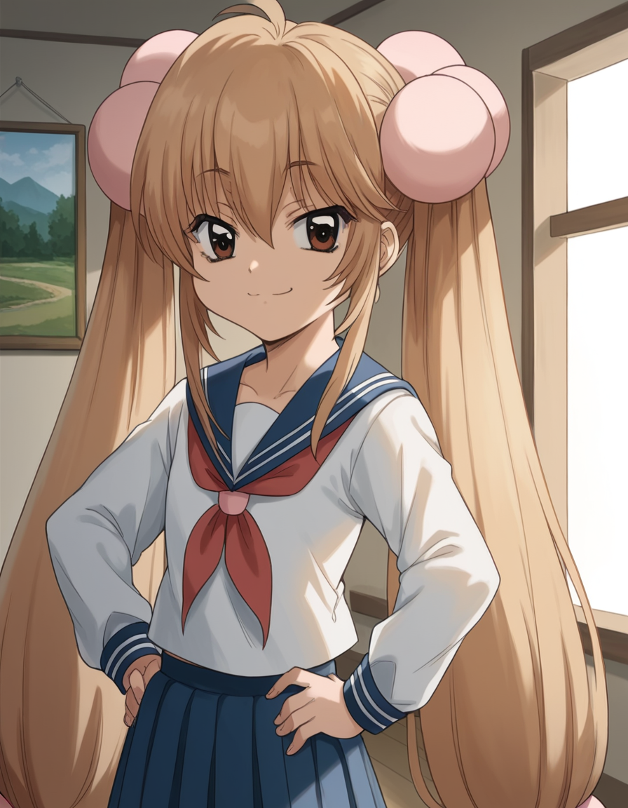 score_9, score_8_up, score_7_up, source_anime, <lora:rin-kokonoe-s1-ponyxl-lora-nochekaiser:1>, rin kokonoe, long hair, brown hair, hair ornament, twintails, brown eyes, very long hair, hair bobbles,, school uniform, serafuku, long sleeves,, museum, art exhibit, paintings, observing, quiet contemplation, cultural experience, smile, smug, hands on hips,, looking at viewer, solo,, dutch angle, cowboy shot