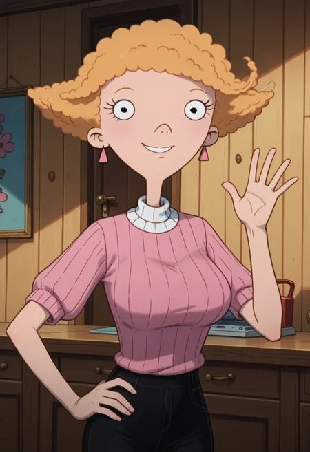 ((room background)),score_9, score_8_up, score_7_up,score_6_up, 
1girl, Solo, SuzieK_HA, light skin, black eyes, blonde hair, medium fluffy hair, pink triangular earrings, pink short sleeve sweater, white collar, black tight pants, red flat shoes, cute, tall, social smile, perfect eyes, perfect smile, looking at the viewer, detailed eyes, perfect eyes, standing, big breasts (front pose, bust shot) five fingers, perfect hands, (hand on hips, hand up)