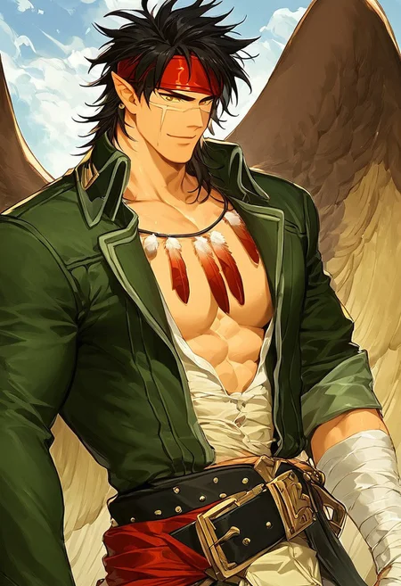 score_9_up, score_8_up, score_7_up, best quality, amazing quality, best aesthetic, 1boy, solo, TibarnFE, black hair, yellow eyes, pointy ears, scar on face, black hair, red headband, feathered wings, green jacket, open jacket, belt, white pants, waist up, perfect eyes, feather necklace, bandages, muscular male, large pectorals, outside, sunny, expressiveh