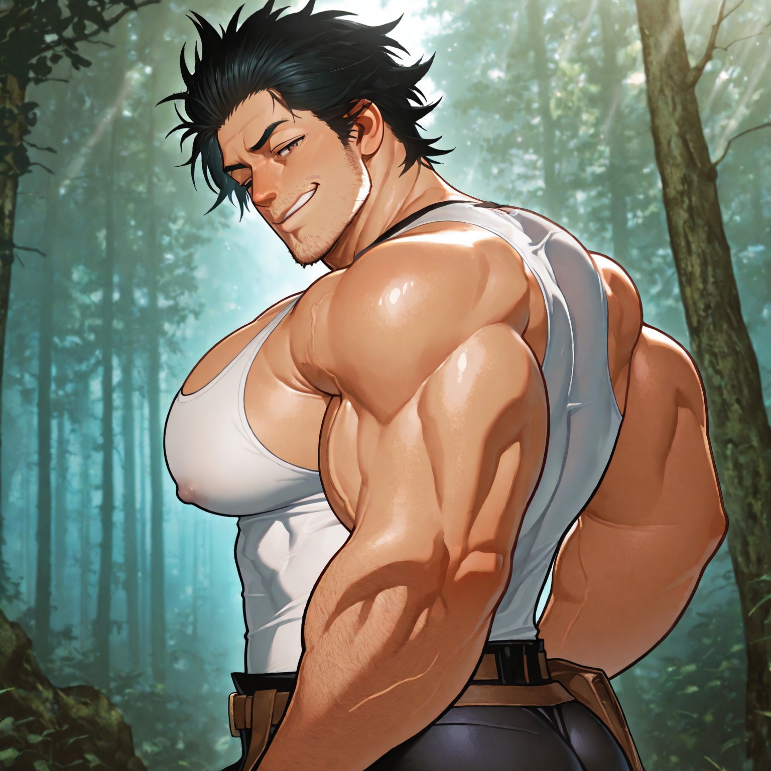 masterpiece, best quality, absurdres, newest, perfect quality, best quality, absolutely eye-catching, detailed background, intricate details, bara, 1boy, male, male focus, solo, mature, black hair, short hair, spiky hair, forehead, stubble, facial hair, white tank top, black trousers, belt, belts, cape over shoulder, bara, muscular, large pectorals, large biceps looking back, cowboy shot, upper body, from the back, smirk, forest scenery, sunlight, very awa, best quality, absurdres, newest, perfect quality, detailed background, intricate details, (artist:rokudenashi:0.8), (artist:dizdoodz:0.7), (artist:gomtang:0.6)