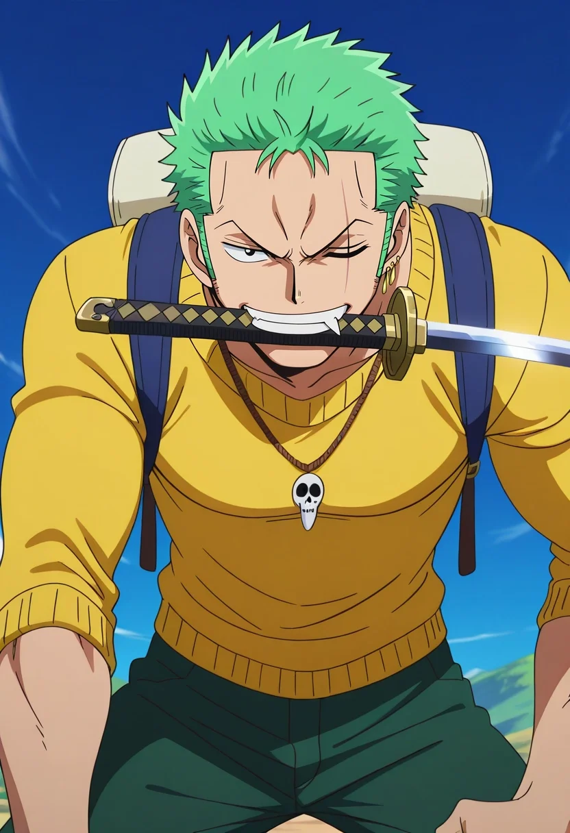 masterpiece, best quality, , anime screencap, , , looking at viewer, 1boy, solo, male focus, <lora:zoro_roronoa_ilxl:1>, zoro_roronoa, green hair, black eyes, short hair, post timeskip, scar across eye, one eye closed, sideburns, earrings, katana, holding sword, mouth hold, teeth, , Work pants, Mock neck sweater, , , Statement necklace andSunglasses andRoll-Top Backpack andHandbag organizer