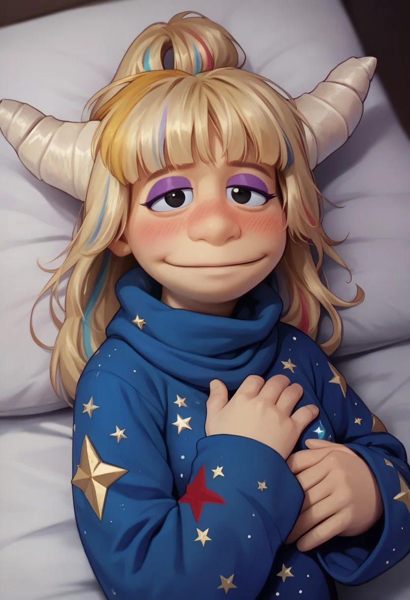 1girl, score_9, score_8_up, score_7_up BREAK Eureekaa, 1girl, blonde hair, multicolor hair streaks, ponytail, horns, black eyes, purple eyeshadow, long blue starry robe, laying on bed, back on top of bed, looking up and smiling at viewer, slight blush, slightly tired eyes, hands on chest full body,