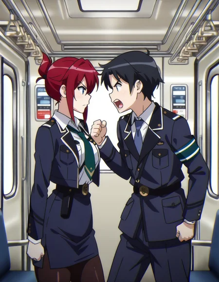 <lora:sakurai-aoi-illustrious-000003:1> 1girl, sakuraiaoi, blue jacket, blue skirt, green neckwear, pantyhose, 1boy, naotaka, arguing, face-to-face, train interior, masterpiece, best quality