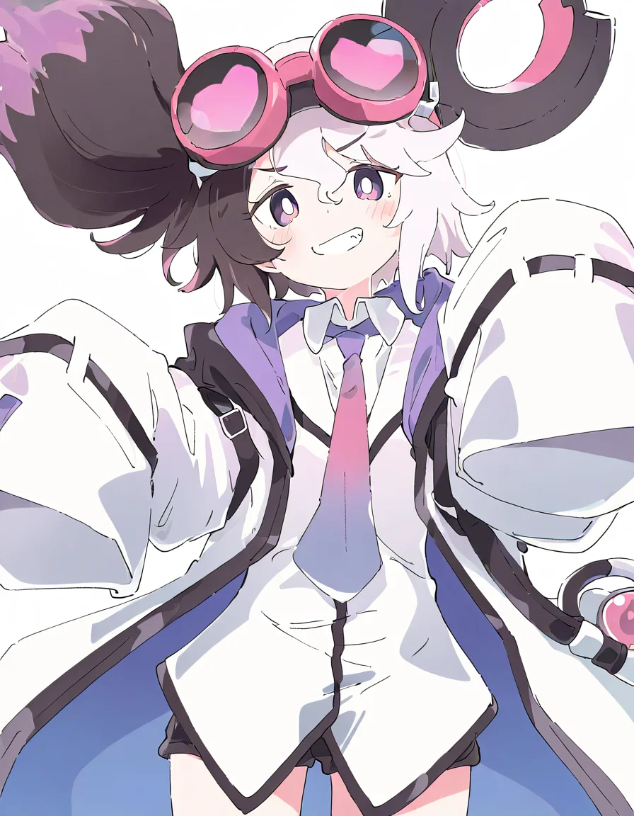 1girl,solo,white background,simple background,looking at viewer,cowboy shot,smile,vsdr.soul,goggles on head,necktie,<lora:vsdr.soul-000012:1>,, masterpiece, best quality, very aesthetic, absurdres,newest, incredibly absurdres,, (Ixy:0.6)),(hiten \(hitenkei\):0.7),