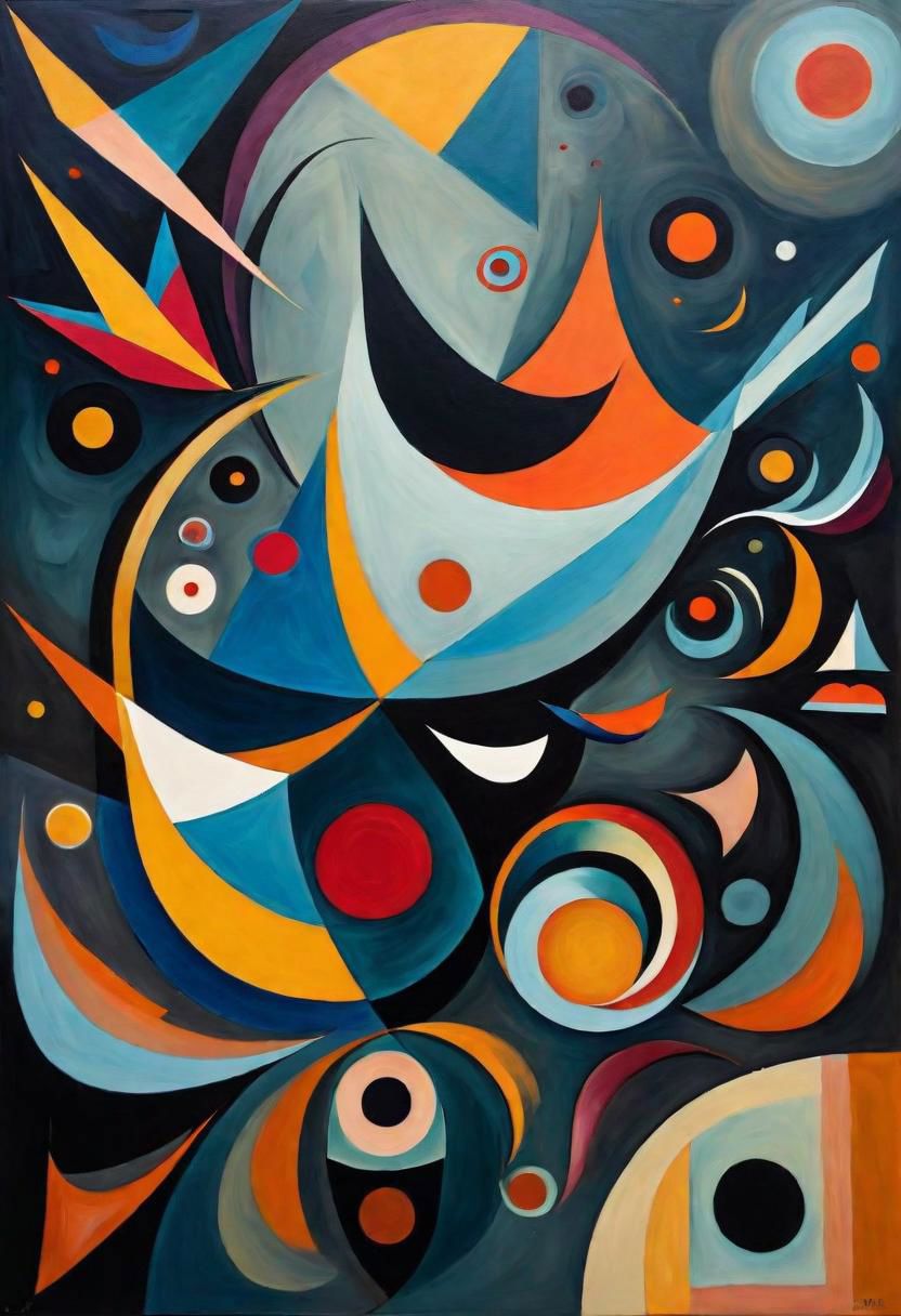 Design an abstract birds in the style of Kandinsky and Paul Klee , dark colors evoke the essence of gothic. tea time, abstracted into geometric shapes, create a captivating . The abstract style energy into the design while maintaining a recognizable Abstract painting in Kandinsky style with 5 colors