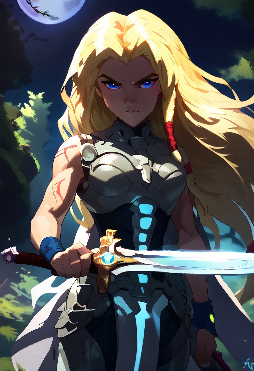 Score_9_up, score_8_up, score_7_up, Expressiveh,torunn, 1girl, long hair, blonde hair, solo, blue eyes,wristband, breastplate,hair tubes,warrior, calm, closed mouth, BREAK hkwarrior, ((holding a  sword(broadsword) in hand))), with glowing turquoise blue lighting effects, outdoor,night,full moon, viking architecture,forest, full bodyFOV 90 degrees
knee level shot, looking at viewer,