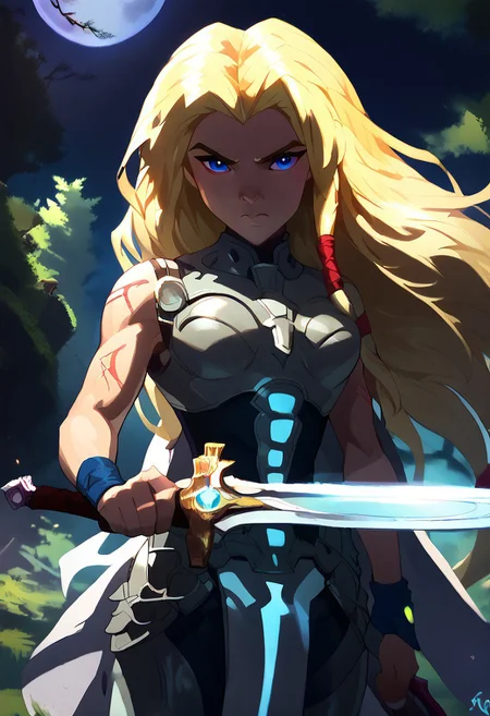 Score_9_up, score_8_up, score_7_up, Expressiveh,torunn, 1girl, long hair, blonde hair, solo, blue eyes,wristband, breastplate,hair tubes,warrior, calm, closed mouth, BREAK hkwarrior, ((holding a  sword(broadsword) in hand))), with glowing turquoise blue lighting effects, outdoor,night,full moon, viking architecture,forest, full bodyFOV 90 degrees
knee level shot, looking at viewer,
