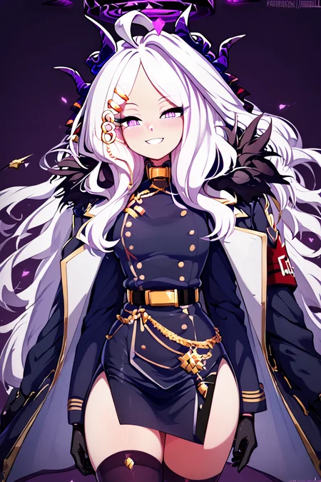 score_9, score_8_up, score_8, medium breasts, (curvy), cute, eyelashes, BREAK, , zzHina, purple eyes, long hair, hair ornament, white hair, horns, hina (blue archive), ahoge, halo, multiple horns, parted bangs, skirt, long sleeves, hairclip, black skirt, coat, coat on shoulders, fur trim, black gloves, <lora:Hina_BlueArchive_PDXL:1.0>, , BREAK, <lora:Afrobull_PDXL_v4:0.8>, ,,, BREAK, smile, looking at viewer, closed mouth, cowboy shot, ,,, embedding:zPDXL, Expressiveh, ,,, <lora:SDXLFaeTastic2400:0.5>, <lora:Expressive_H-000001:0.4>,