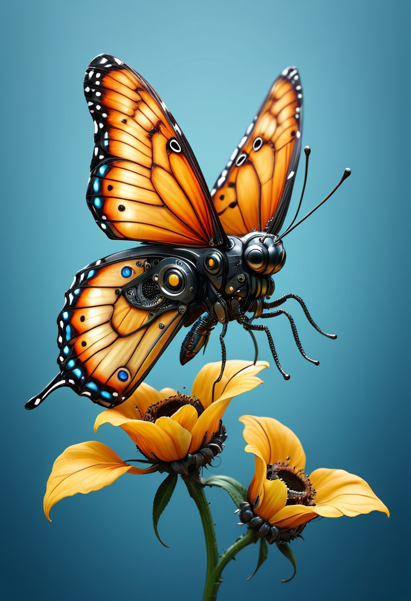 A hyperrealistic illustration of a butterfly with one wing organic and the other made of carbon-fiber, cyborg vibes, sensors, cables, detailed fusion of synthetic and natural textures, perched on a flower, mobe-cybideen,