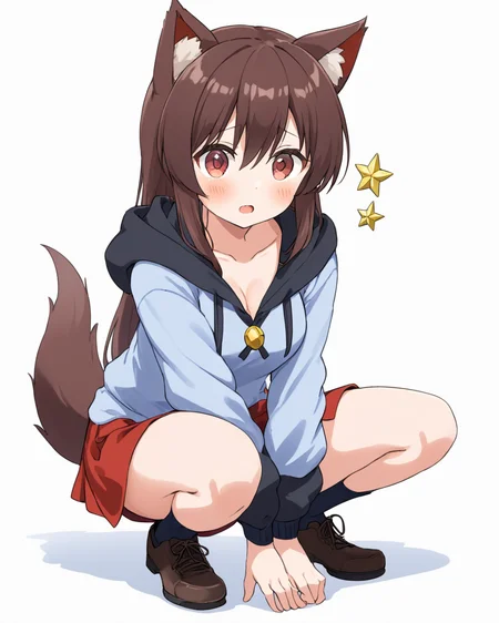 imaizumi kagerou,1girl, solo, wolf_tail, squatting, hood, looking_at_viewer, blush, open_mouth, white_background, long_sleeves, simple_background, socks, red_skirt, full_body, shirt, medium_breasts, shoes
<lora:imaizumi_kagerou_image5677_2023-12-20-000008:1>,star-shaped_pupils,symbol-shaped_pupils,. gorgeous,key visual, vibrant, studio anime,award-winning, professional, highly detailed,high budget, cinemascope