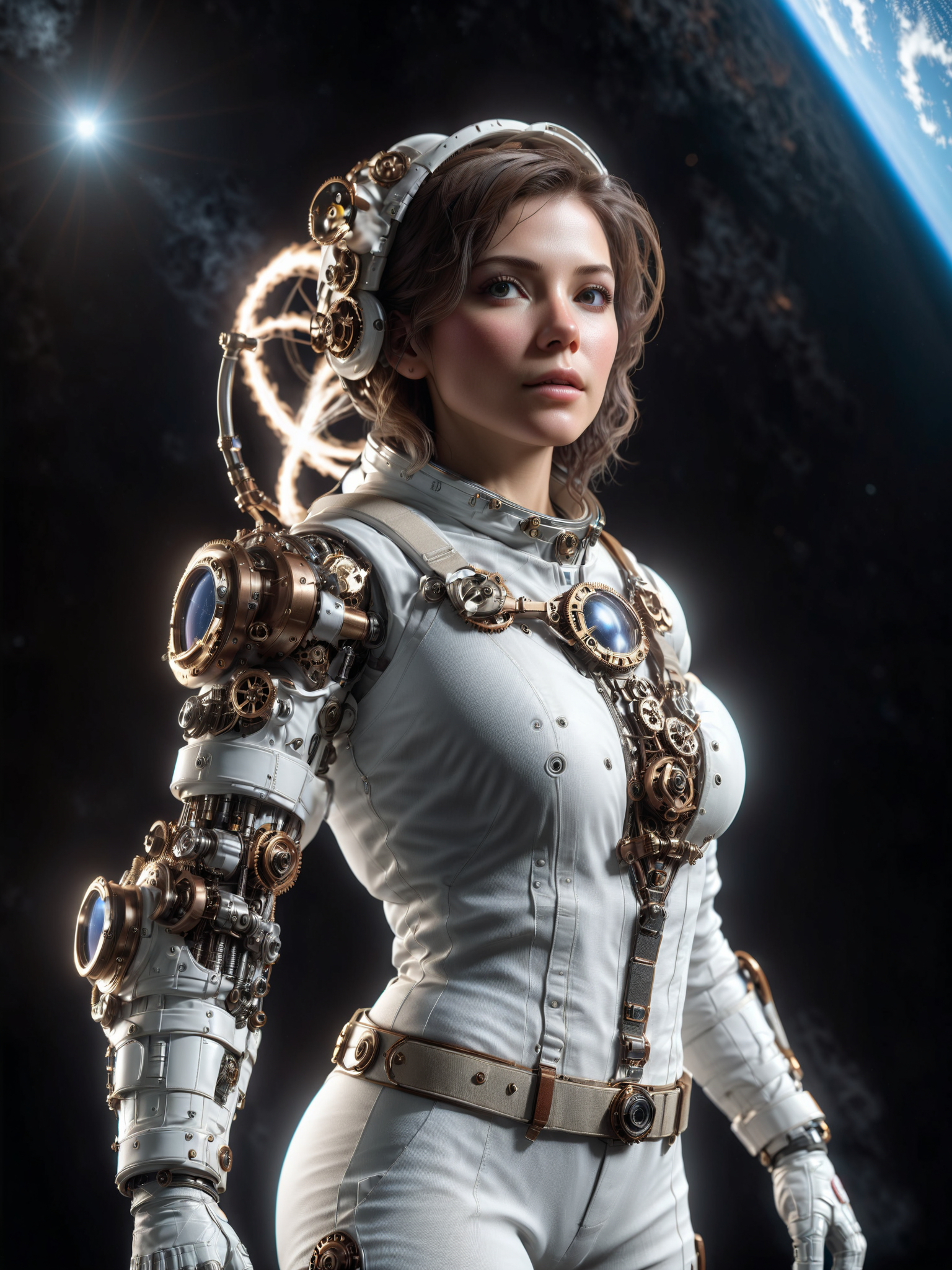 female astronaut in orbit of earth flying fast, steampunk spacesuit, mad-mecharm, steam, grease, cinematic shot, dramatic lighting, masterpiece, best quality, ultra high res, (photorealistic, realistic:1.2), deep shadow, raw photo, film grain, Fujifilm XT3, 8k uhd, dslr)