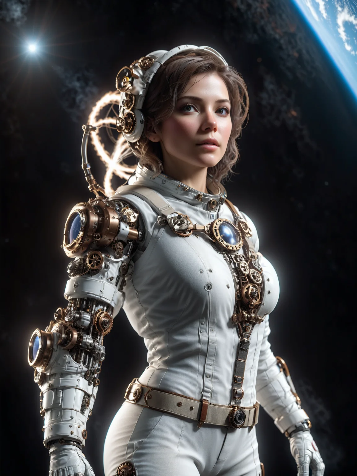 female astronaut in orbit of earth flying fast, steampunk spacesuit, mad-mecharm, steam, grease, cinematic shot, dramatic lighting, masterpiece, best quality, ultra high res, (photorealistic, realistic:1.2), deep shadow, raw photo, film grain, Fujifilm XT3, 8k uhd, dslr)
