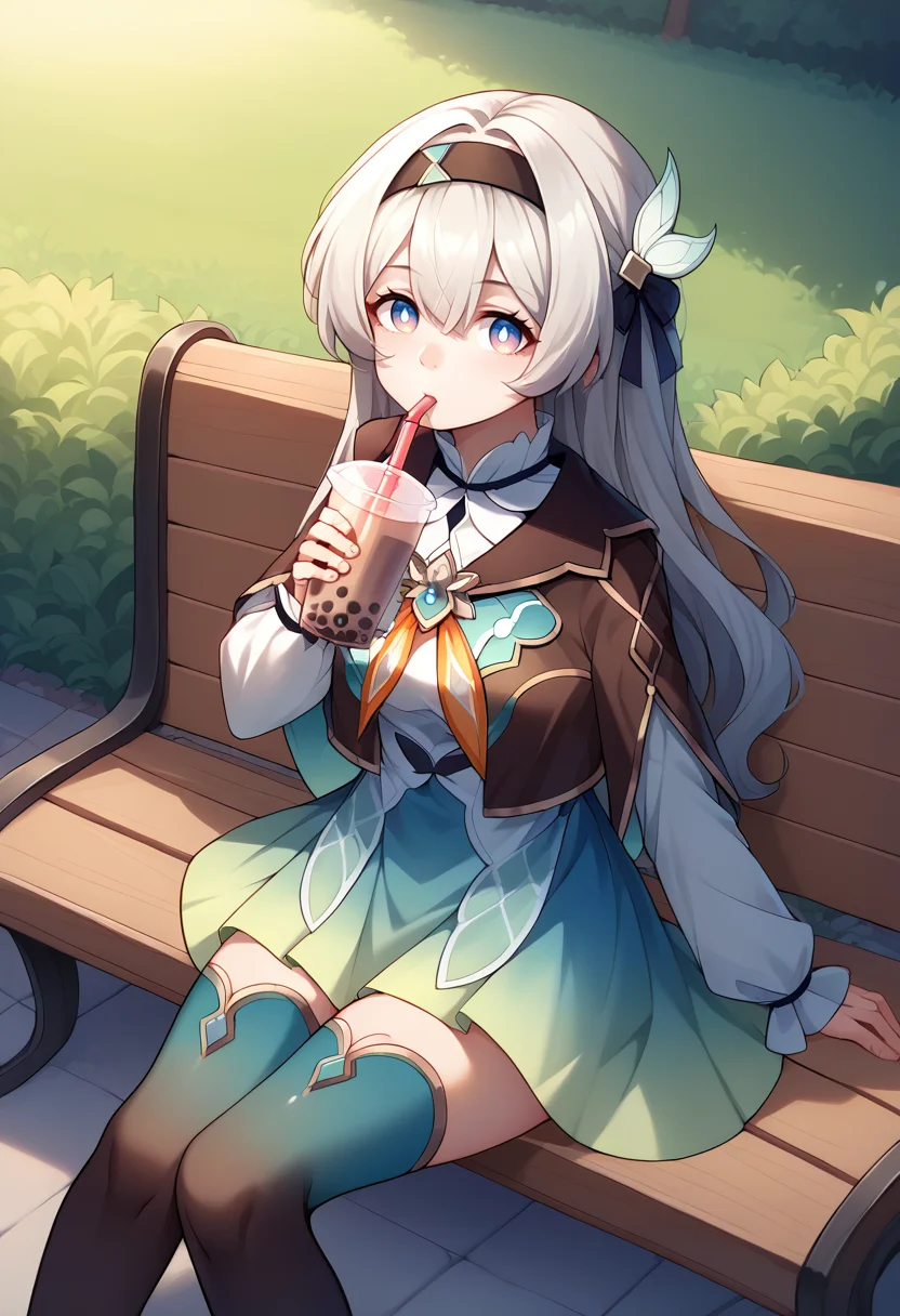 score_9, score_8_up, source_anime, 1girl, solo, FireflyDefault, blue pupils, long hair, black hairband, hair ornament, brown capelet, frilled collar, white shirt, long white sleeves, green skirt, gradient thighhighs, outdoors, sitting, on bench, drinking, sipping, straw, bubble tea, <lora:ChamFireflyV2PonyXL:1>