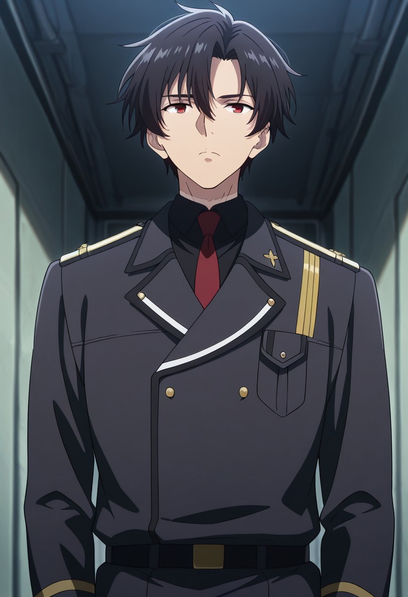 masterpiece,best quality,amazing quality, source_anime, 
ShineiNouzen, 1boy, male focus, solo, red eyes, black hair, scar on neck, military uniform, shirt, black shirt, collared shirt, necktie, red necktie, jacket, black jacket,