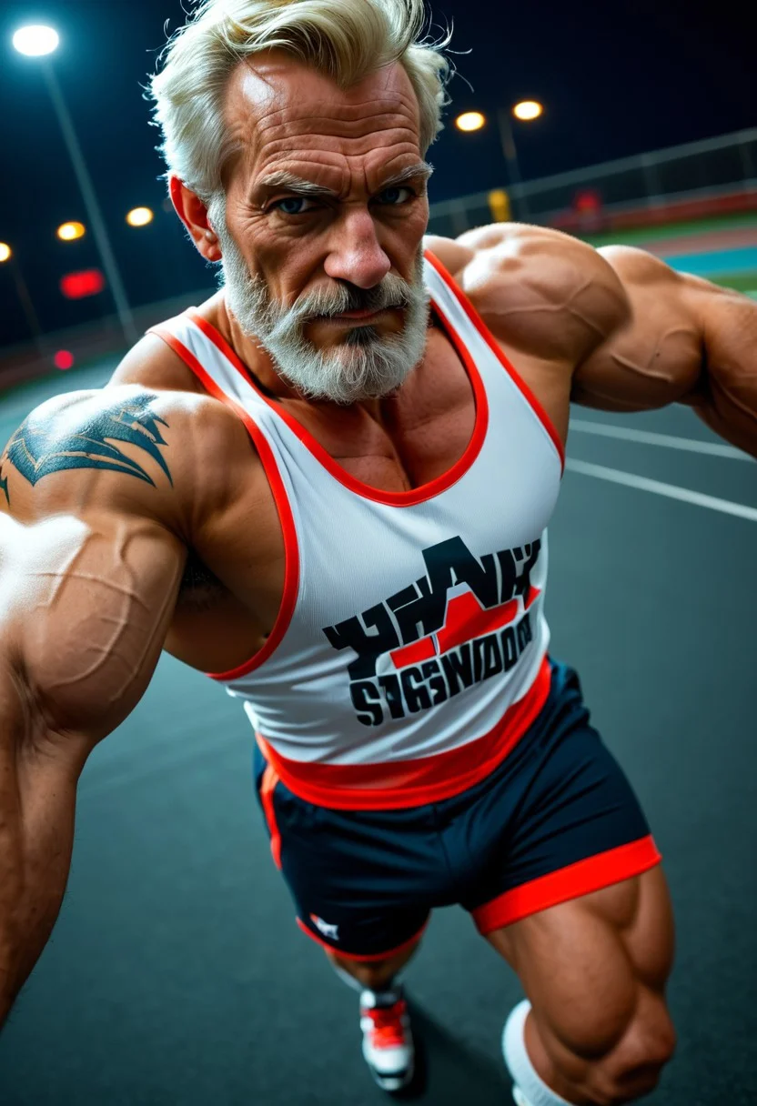 score_9, score_8_up, score_7_up, score_6_up, dark background, nighttime, night, dark lowlight photography, realistic, old male, pov from side, old granddad, thin, tall, tanned skin, colorful tattoos, heavy metal rock tattoos, strong tan, wearing blue long cargoshorts, 3/4 cargoshorts, skater, sweatbands, loose white muscleshirt, v-neck sleeveless tshirt, hairy armpits, old granddad, wrinkles, short blonde hair, blonde beard, german grandpa, thin waist, strong big arms,
walking towards viewer, slow walk,
closeup seen from above, closeup, pov above, portrait,
working out in the gym, training center,