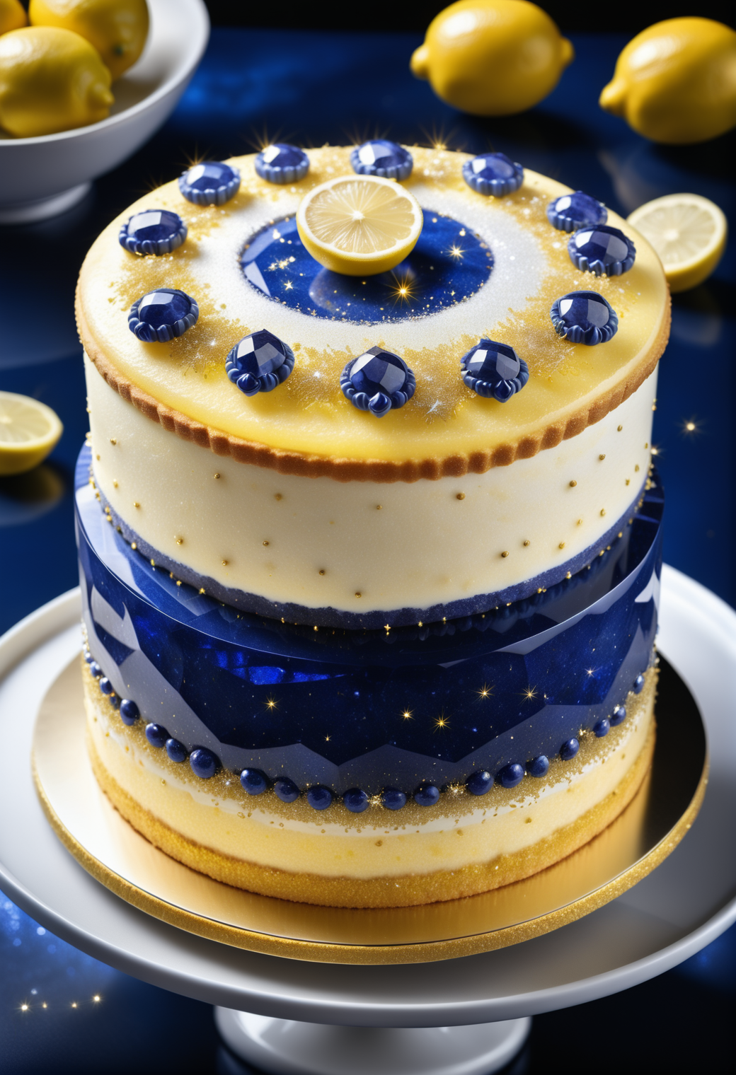 a lemon cake surrounded with golden stardust and golden mist, detailed with lemon pieces, golden glow behind, detailed with blue sapphirs made of reij-strsphr <lora:stardustsapphire-000006:1>