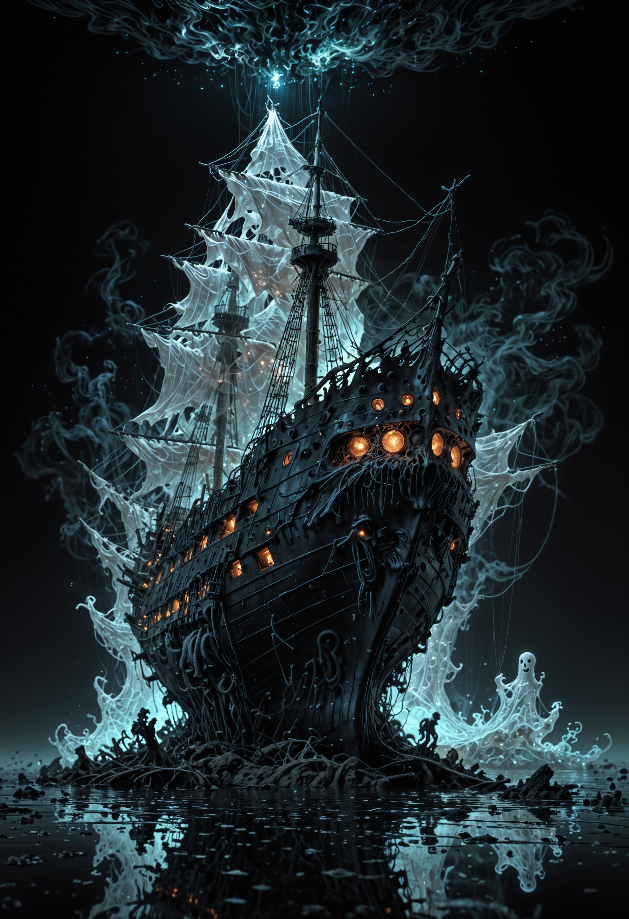 (((diffuse dynamic colors))), (((ultra detailed illustration of a diffuse hallucinatory ghost ship creature))), (((complex 3d projections of ghostly translucent fabric and glowing hollow cybernetic threads))), concept art, ((light particles)), stunning visual masterpiece, (((double exposure))), ((glowing texture)),, (black tones), (unworthy), (no limits), (unpredictable), (surreal), (professional composition), (award winning composition) creative freedom, (artistic expression), (extreme composition), (spontaneous composition), (black filter), ((surreal theme)), (diffuse creatures), (diffuse figures), disturbing visual expression, lit dark fantasy realm, unusual chromatic contrast).  <lora:EpicF4nta5yXL:0.8>