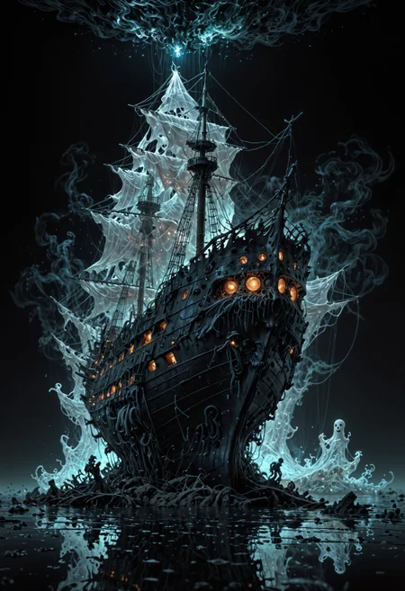 (((diffuse dynamic colors))), (((ultra detailed illustration of a diffuse hallucinatory ghost ship creature))), (((complex 3d projections of ghostly translucent fabric and glowing hollow cybernetic threads))), concept art, ((light particles)), stunning visual masterpiece, (((double exposure))), ((glowing texture)),, (black tones), (unworthy), (no limits), (unpredictable), (surreal), (professional composition), (award winning composition) creative freedom, (artistic expression), (extreme composition), (spontaneous composition), (black filter), ((surreal theme)), (diffuse creatures), (diffuse figures), disturbing visual expression, lit dark fantasy realm, unusual chromatic contrast). <lora:EpicF4nta5yXL:0.8>