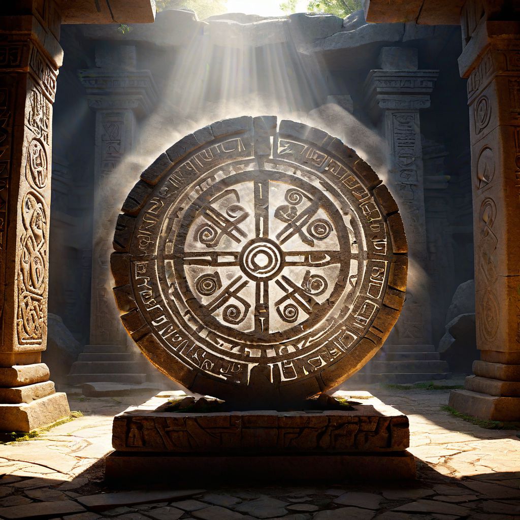intricate light sculpture, ancient mythical creature, runes, symbols, weathered stone base, volumetric light rays, dusty atmosphere, hidden temple, photorealistic, cinematic lighting