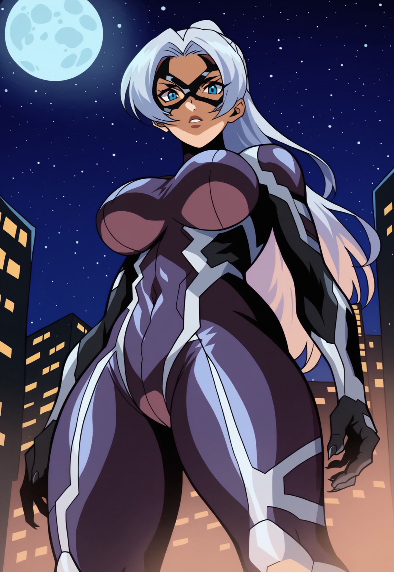 safe_pos, score_9,score_8_up,score_7_up,score_9,<lora:BlackCat2-10:1>,BlackCatMarlo,1girl,long hair,blue eyes,ponytail,white hair,thighs,bodysuit,large breasts, mask,skin tight,black bodysuit,superhero,domino mask,cowboy shot,night,street background,moon, from below, tasasgi, great lighting