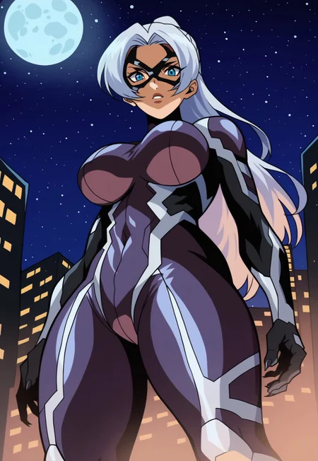 safe_pos, score_9,score_8_up,score_7_up,score_9,<lora:BlackCat2-10:1>,BlackCatMarlo,1girl,long hair,blue eyes,ponytail,white hair,thighs,bodysuit,large breasts, mask,skin tight,black bodysuit,superhero,domino mask,cowboy shot,night,street background,moon, from below, tasasgi, great lighting