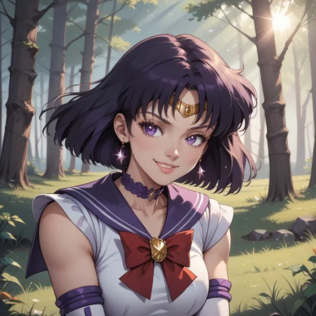 score_9, score_8, BREAK, Sailor Saturn, 1girl, bob cut,tiara,earrings,sailor senshi uniform,purple eyes, purple choker, purple sailor collar, red bowtie, white shirt, elbow gloves, white gloves, pleated skirt, purple miniskirt, sexy pose, self portrait, smile, outdoors, sunlight, shadows, evening lighting, natural lighting, forest, trees, grass, orange sky, sunset