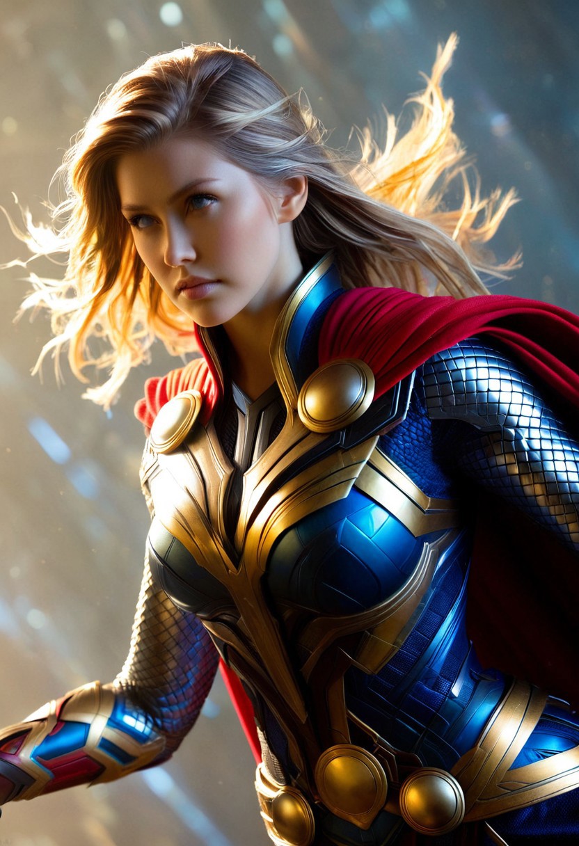 A lone female figure, clad in a intricately detailed Thor-inspired outfit, fills the frame in a hyper-realistic style, with precise textures and subtle reflections. Soft, golden lighting dances across her face and armor, set against a muted, atmospheric background. The camera captures her from a slightly lowered angle, emphasizing her powerful stance, with a shallow depth of field blurring the edges of her cape. The color palette is dark and rich, with metallic blues and golds dominating the scene, inviting the viewer to behold her heroic presence.