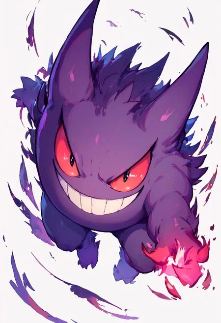 score_9, score_8_up, score_8,
gengar, solo, no humans, red sclera, v-shaped eyebrows, black eyes, evil smile,
floating, looking at viewer, white background