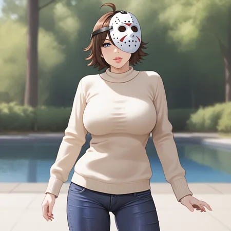 <lora:bishoujojason_pony_v1:.75> BishoujoJason, 1girl, large breasts, mask, brown hair, short hair, blue eyes, lips, cowboy shot, sweater, jeans