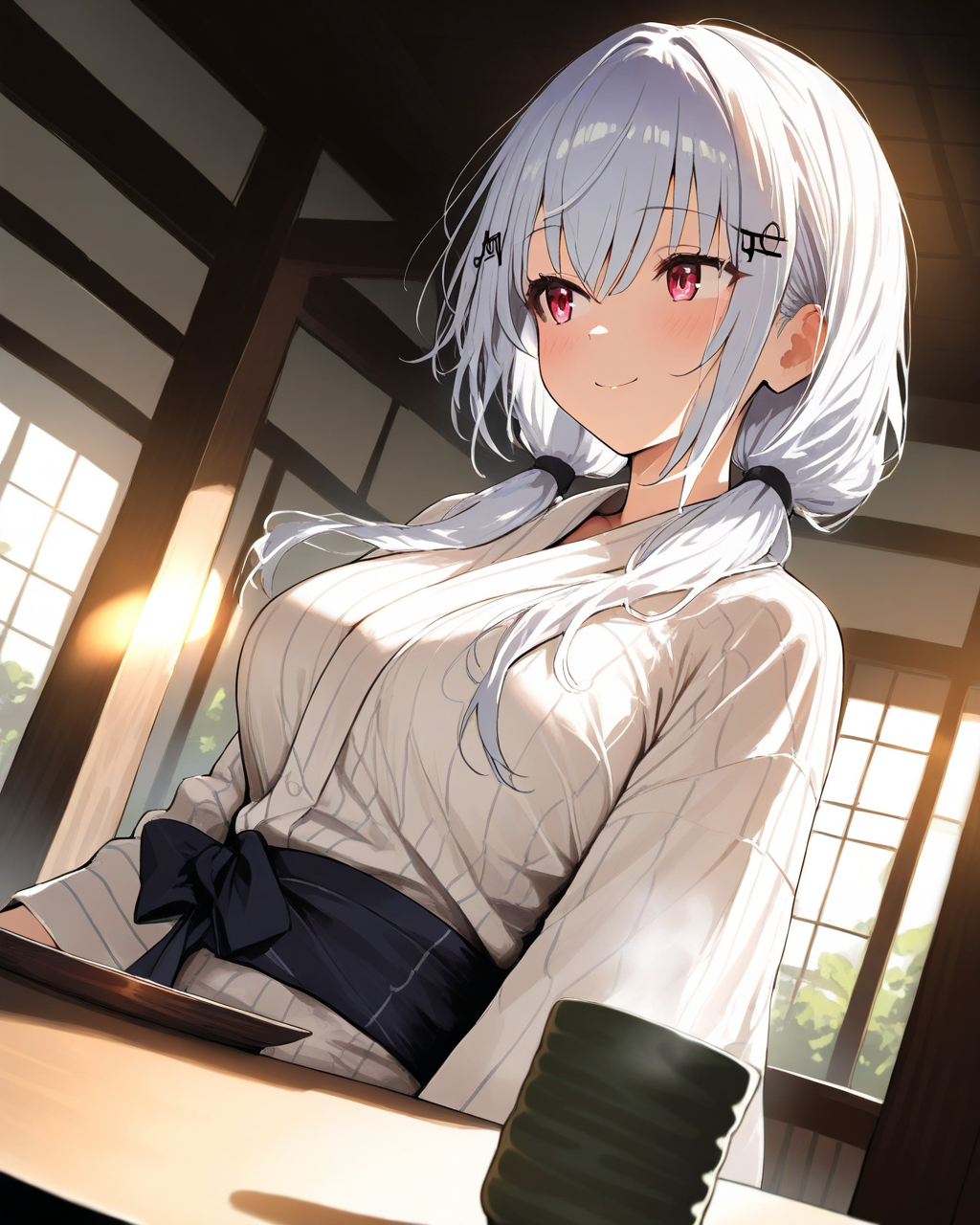 1girl,
HakaseFuyukiNijisanji,
safe, solo, dynamic angle,
hairclip,
beautiful eyes,
smile,
relaxed, yunomi,
yukata, large breasts,
ryokan, table,
soft lighting, morning,
depth of field,
<lora:kp_HakaseFuyukiNijisanji1stCostumeAnimagineXL_v1_1:1.0>,
masterpiece, high score, great score, absurdres