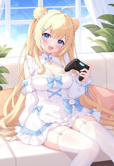 1girl, dress, breasts, hair ornament, double bun, hair bun, solo, blonde hair, open mouth, long hair, thighhighs, looking at viewer, cleavage, virtual youtuber, holding, hairclip, indoors, ahoge, white dress, couch, white thighhighs, blue eyes, smile, blush, controller, window, sitting, medium breasts, detached sleeves, frills,
masterpiece,best quality,newest,absurdres,highres,very awa,<lora:akovo1_noob1.1-000196:0.7>,