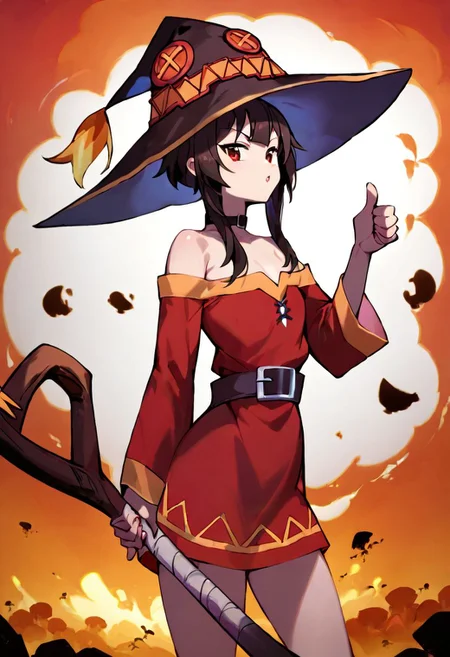 Megumin, standing, thumbs up, one staff, witch hat. giant nuclear explosion background, blast wave, nuclear mushroom cloud.
score_9, score_8_up, score_7_up, score_6_up, best quality, 4k, ultra hd, anime style, highest score. 1girl, (correct anatomy).