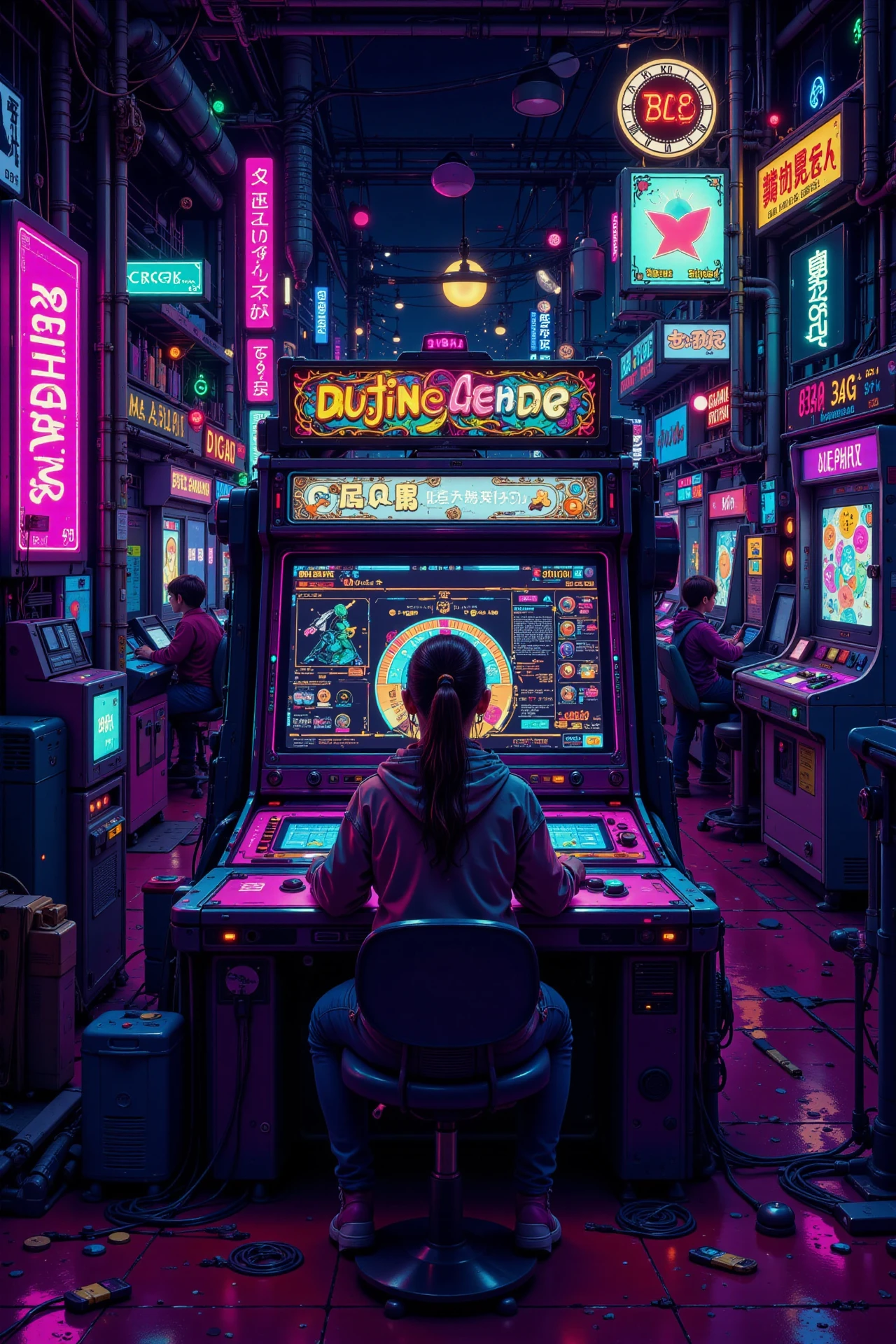 A person playing video games in an arcade, dusk, woman, very intricate, very detailed, sharp, bright, colorful, <lora:Hand v2:0.5> <lora:Anti-Blur:1><lora:Insane Detail Slider:0.25>  <lora:flux.1_lora_flyway_Epic-detail_v2:0.3> <lora:fluxenhancer:0.25><lora:ck-Neon-Retrowave:0.4> ck-rw, in the style of ck-rw,  <lora:Neurocore Anime Cyberpunk:0.8> A digital artwork in the style of cknc