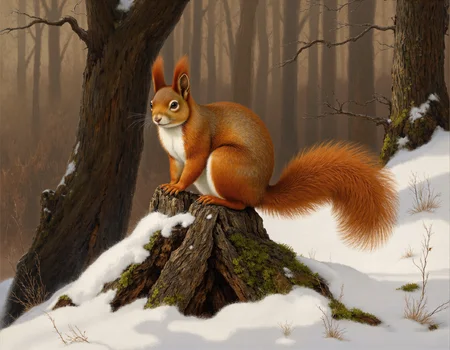 Rembrandt style <lora:funnys:0.5>, This photograph captures a red squirrel standing on a tree trunk in a snowy forest. The squirrel, positioned slightly to the left of center, is facing the camera with its head slightly tilted. Its fur is a mix of reddish-brown on the back, with a white underbelly and a bushy tail. The squirrel's eyes are large and dark, and its ears are pointed and upright, giving it an alert and curious expression. The tree trunk it stands on is textured with rough, dark bark, which is partially covered in patches of green moss, indicating a moist environment.,
The background is a mix of snow-covered ground and bare branches, suggesting a winter setting. The snow on the ground is patchy, with some areas showing bare earth or small plants poking through. The branches in the background are sparse and twisted, adding to the winter landscape's rugged feel. The overall color palette of the image is muted, with the predominant colors being earth tones and white snow, providing a stark contrast to the squirrel's vibrant fur. The image is sharp and detailed, highlighting the texture of the squirrel's fur and the bark of the tree. . Baroque, chiaroscuro, realistic, emotional, "flat lighting